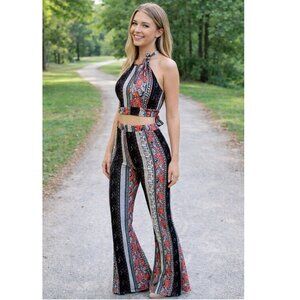 Set of Bohemian Bell bottoms Flare Leggings with matching wrap top Size Large